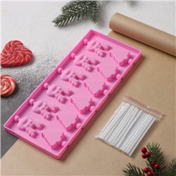 Форма силиконовая для леденцов Доляна «Новый год», 25×10,5×1 см, 12 ячеек, с палочками, цвет розовый