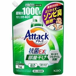 KAO Attack Antibacterial EX Жидкое средство для стирки белья, с антибактериальным эффектом, с ароматом свежей зелени, мягкая упаковка, 1000 гр(4901301415639)