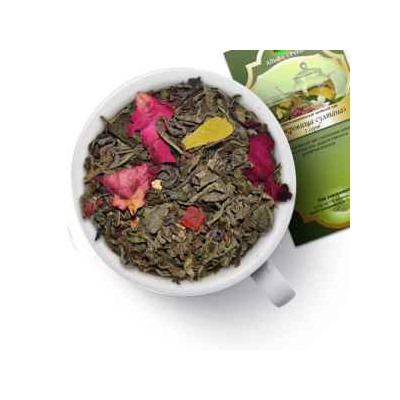 Чай зеленый "Сокровища султана" Зеленый чай Ганпаудер с кусочками ананаса, лепестками роз, цедрой лимона и ароматом экзотических фруктов. 816