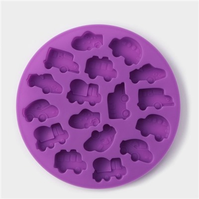 Форма силиконовая для льда и кондитерских украшений Доляна «Машинки», 12×1 см, 17 ячеек, цвет фиолетовый