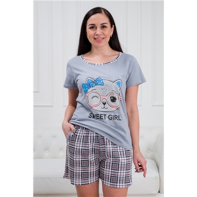 Костюм женский футболка и шорты из кулирки Шармель кошка