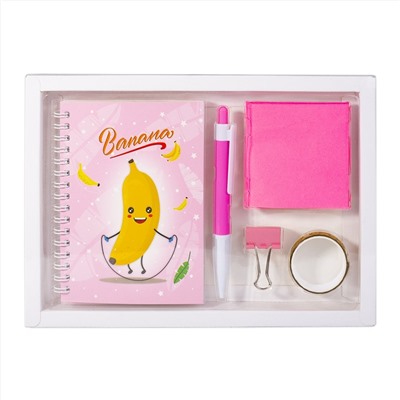 Блокнот А5 48л. Подарочный с канцелярским набором Бананчики в футляре, спираль, мел.карт, ручка, бло