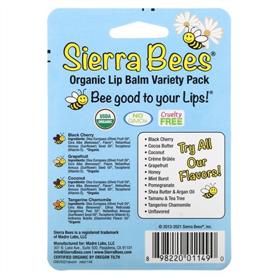 Sierra Bees, набор органических бальзамов для губ, 4 штуки, вес: 4,25 г (0,15 унции) каждый