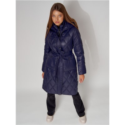 Пальто утепленное стеганое зимнее женское  темно-синего цвета 448602TS