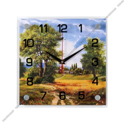 Часы (стекло/дерево) квадр.(25х25см) "Деревенька"
