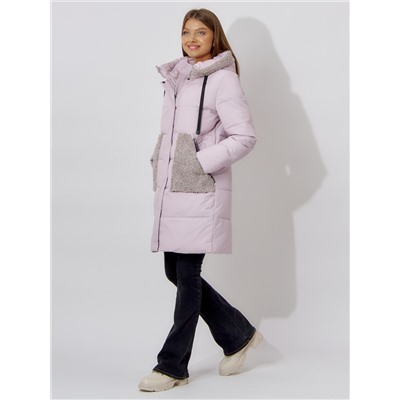 Пальто утепленное с капюшоном зимнее женское  розового цвета 442197R