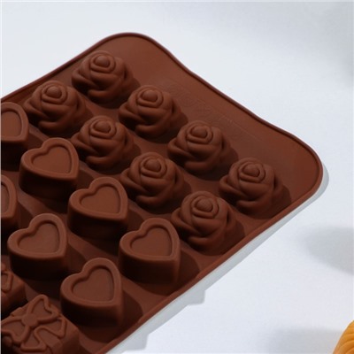 Форма для шоколада Доляна «Подарок, сердце, роза», 23,2×13,8×1,1 см, 24 ячейки (2,6×2,6×2 см), цвет МИКС