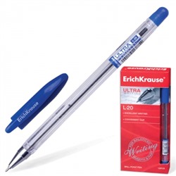 Ручка шариковая синяя 0,7мм Ultra L-20, рифленый держатель, металлический наконечник, прозрачный кор