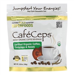 California Gold Nutrition, CafeCeps, сертифицированный органический растворимый кофе с порошком из грибов кордицепс и рейши, 100 г (3,52 унции)