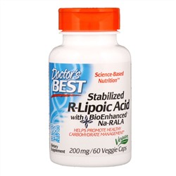 Doctor's Best, Стабилизированная R-липоевая кислота с биоусиленной Na-RALA, 200 мг, 60 вегетарианских капсул