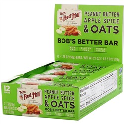 Bob's Red Mill, Bob's Better Bar, Peanut Butter Apple Spice & Oats, 12 Bars, 1.76 oz (50 g) Each