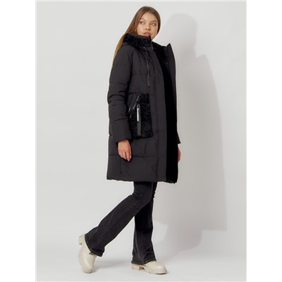 Пальто утепленное с капюшоном зимнее женское  черного цвета 442197Ch
