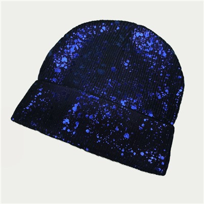 зд1242-58 Шапка вязаная одинарная отворотом Фольга темно-синяя