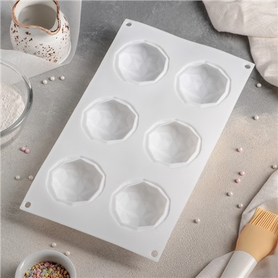 Форма силиконовая для муссовых десертов и выпечки Доляна «Кристалл», 29,5×17×3,5 см, 6 ячеек, d=6,5 см, цвет белый
