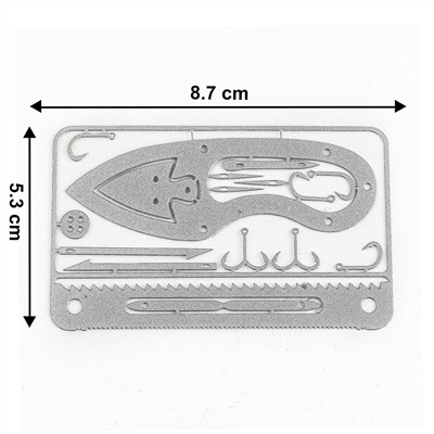 Резервный набор выживания в виде кредитки 17-в-1 (металлик) - Кредитка-мультитул представляет собой целый набор предметов и приспособлений, соединенных воедино тонкими перемычками. В случае необходимости можно быстро отделить нужный инструмент от крепления и использовать его по назначению №1305