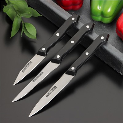 Набор кухонных ножей «Кулинарные изыски», 3 предмета, лезвие 8 см, 11 см, 11 см, цвет чёрный