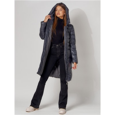 Пальто утепленное с капюшоном зимние женское  темно-серого цвета 442116TC