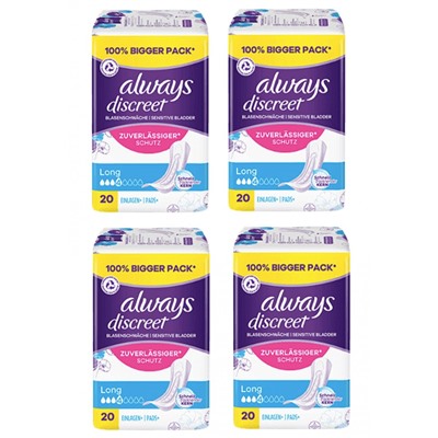 always Hygieneeinlagen Blasenschwache Discreet Long Big Pack 80 St, Always Прокладки при недержании Удлиненные Long, 4 капли, 4уп х 20шт (80 штук)