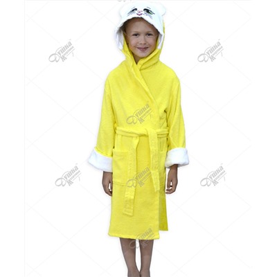Детский махровый халат с капюшоном и печатью "Кошечка" желтый