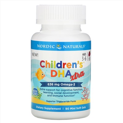 Nordic Naturals, Children's DHA Xtra, для детей от 3 до 6 лет, ягодный вкус, 636 мг, 90 мини-капсул