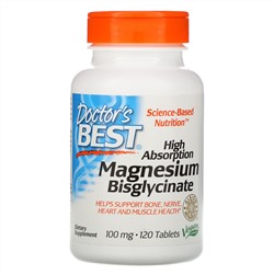 Doctor's Best, High Absorption Magnesium Bisglycinate, 100 mg, 120 Tablets