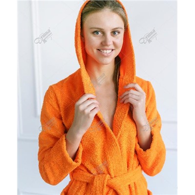 Халат женский махровый оранжевый с капюшоном