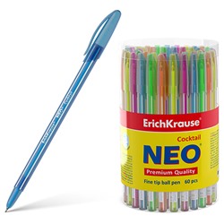 Ручка шариковая синяя 0,6мм Cocktai, игольчатый пишущий узел, одноразовая, цветной корпус с белыми полосками