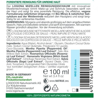 Logona Mizellen Reinigungsschaum Bio-Minze & Salicylsaure aus der Weidenrinde  Мицеллярная очищающая пенка с органической мятой и салициловой кислотой из коры ивы