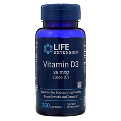Life Extension, Витамин D3, 25 мкг (1000 МЕ), 250 мягких желатиновых капсул