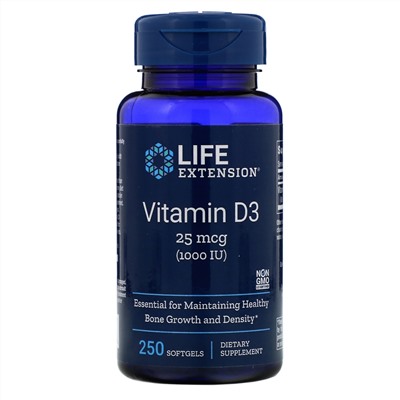 Life Extension, Витамин D3, 25 мкг (1000 МЕ), 250 мягких желатиновых капсул