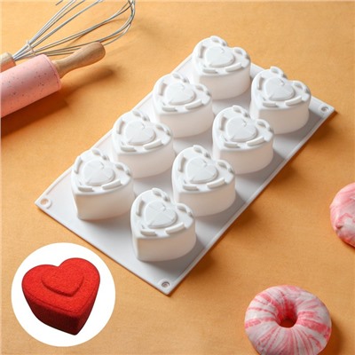 Форма силиконовая для муссовых десертов Доляна «Сердце», 29×17×4,3 см, ячейка 5,5×6,2×3,5 см, цвет белый