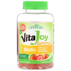 21st Century, VitaJoy, жевательные таблетки с биотином, со вкусом клубники, 5000 мкг, 120 растительных жевательных таблеток