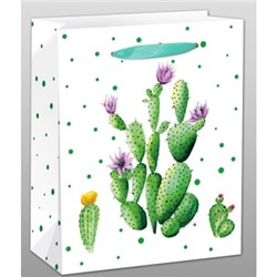 Пакет подарочный с матовой ламинацией Кактус с цветочками, 26.4х32.7х13.6 см (L)