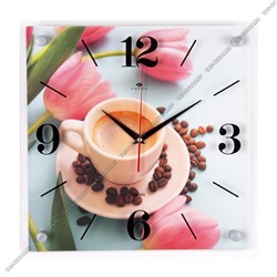 Часы (стекло/дерево) квадр.(35х35см) "Кофе и тюльп