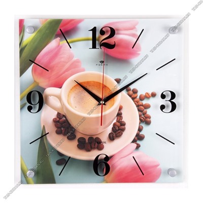Часы (стекло/дерево) квадр.(35х35см) "Кофе и тюльп