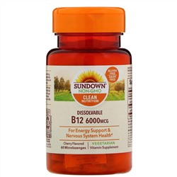 Sundown Naturals, Витамин B12 для рассасывания, ароматизатор «Вишня», 6000 мкг, 60 микропастилок для рассасывания