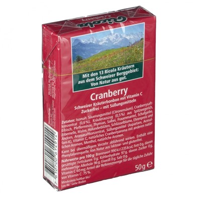 Ricola (Рикола) Schweizer Krauterbonbons Box Cranberry ohne Zucker 50 г
