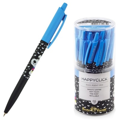 Ручка шариковая автоматическая синяя 0,5мм HappyClick Щеночек, цвет корпуса - чёрный/голубой с рисун