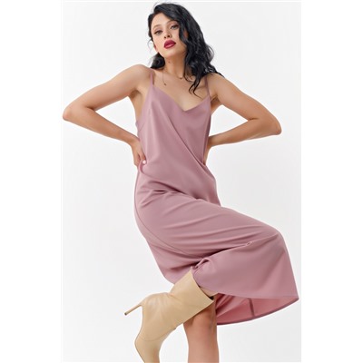 Платье-сорочка на тонких бретелях пыльно-розовое