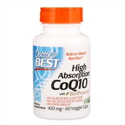 Doctor's Best, CoQ10 с высокой степенью всасывания с BioPerine, 400 мг, 60 растительных капсул