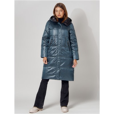 Пальто утепленное стеганое зимние женское  синего цвета 448613S