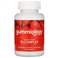 Gummiology, B Complex, жевательные таблетки для взрослых с комплексом витаминов В, натуральный клубничный вкус, 100 вегетарианских жевательных таблеток