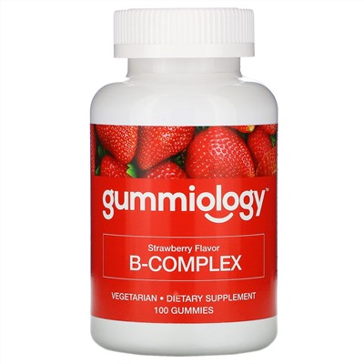 Gummiology, B Complex, жевательные таблетки для взрослых с комплексом витаминов В, натуральный клубничный вкус, 100 вегетарианских жевательных таблеток