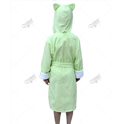 Детский махровый халат с капюшоном и печатью "Кошечка" салатовый
