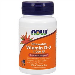 Now Foods, Chewable Vitamin D-3 (жевательный витамин D-3, с натуральным фруктовым вкусом, 1000 МЕ, 180 жевательных таблеток