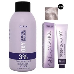 Набор "Перманентная крем-краска для волос Ollin Performance оттенок 9/26 блондин розовый 60 мл + Окисляющая эмульсия Oxy 3% 90 мл"