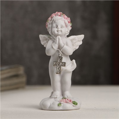 Сувенир полистоун "Белоснежный ангел в розовом веночке с крестиком" 8х3,5х3,8 см