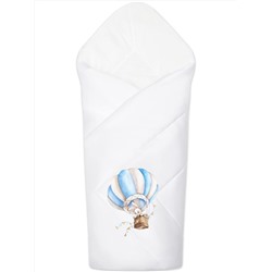 Конверт-одеяло на выписку "Зайка на воздушном шаре" (белое, принт без кружева)