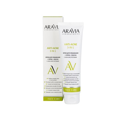 ARAVIA Laboratories. Крем для умывания + скраб + маска с AHA-кислотами Anti-Acne 3-in-1 100 мл