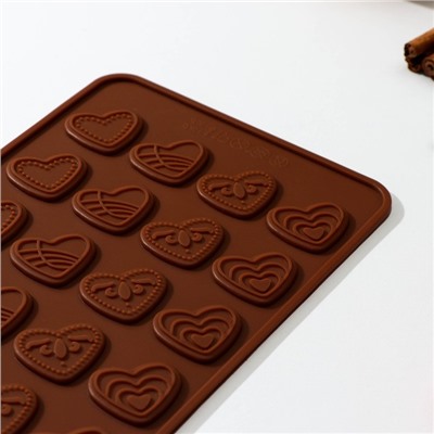 Форма силиконовая для шоколада Доляна «Сердечки», 21×11 см, 24 ячейки, цвет шоколадный